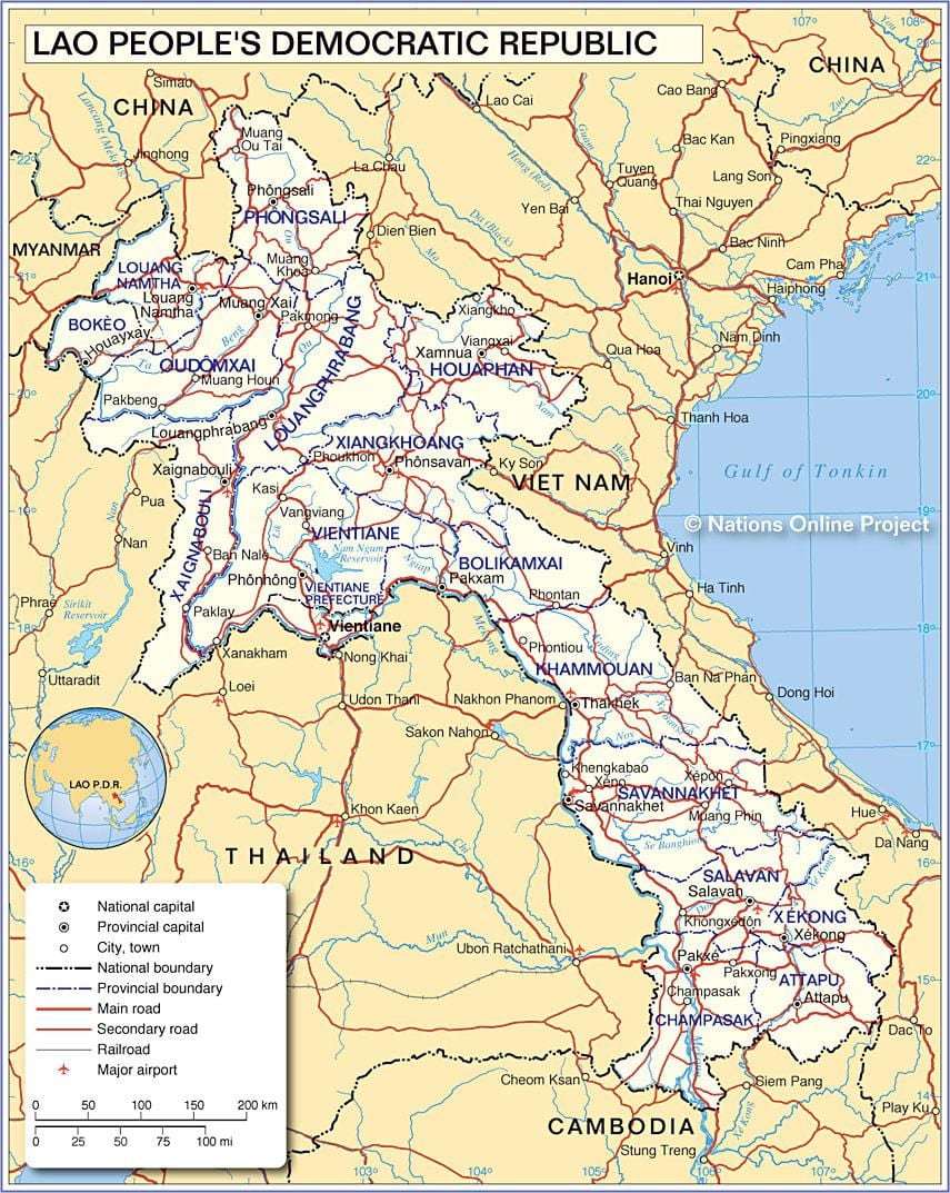 ಮ್ಯಾಪ್ ಆಫ್ ಲಾವೋಸ್ ಮತ್ತು ಸುತ್ತಮುತ್ತಲಿನ ದೇಶಗಳಲ್ಲಿ